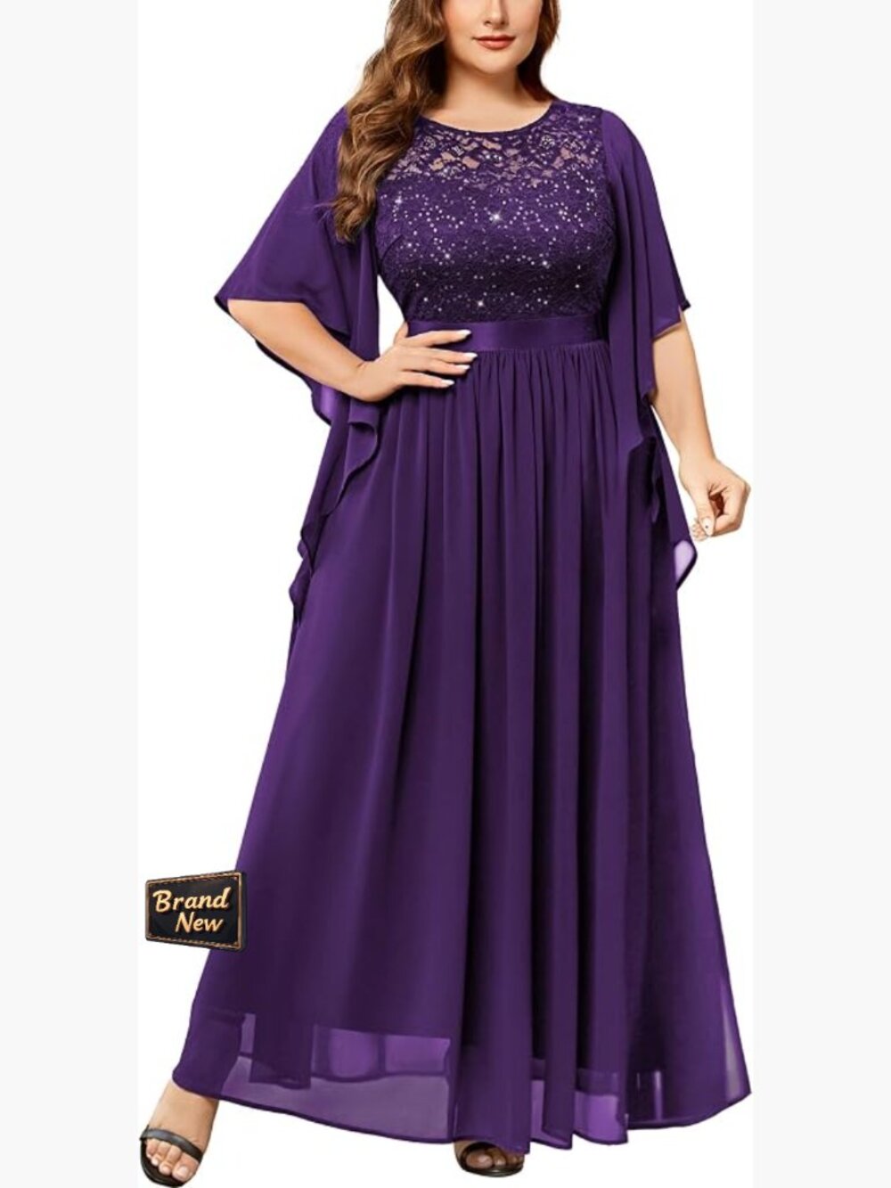 Plus Size Sequin Lace Cape Sleeve Maxi Formal Evening Gown